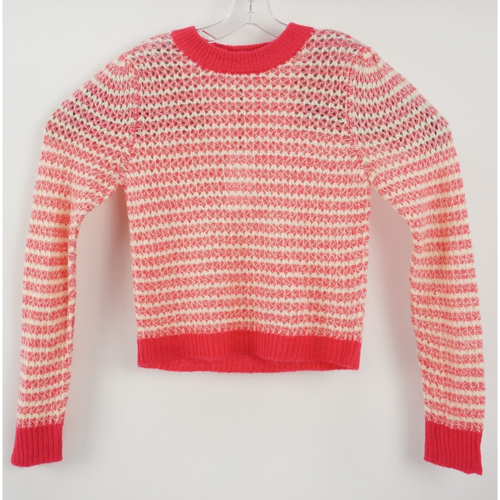 New WAYF Women's Small Pink White Open Knit Lightweight Ribbed Crop Pull Sweater